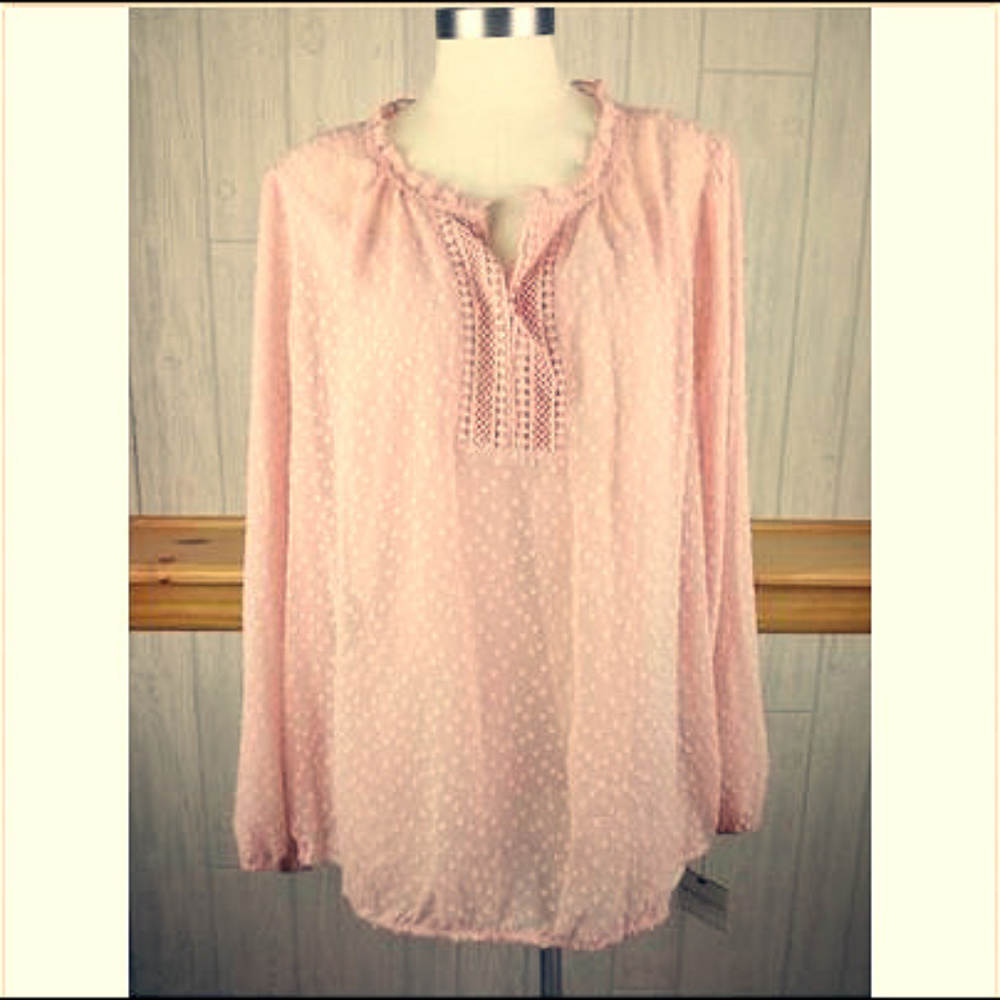 🆕Claiborne Size 1X Lightweight Sheer Pink Ruffled Swiss Dot Boho Peasant Blouse